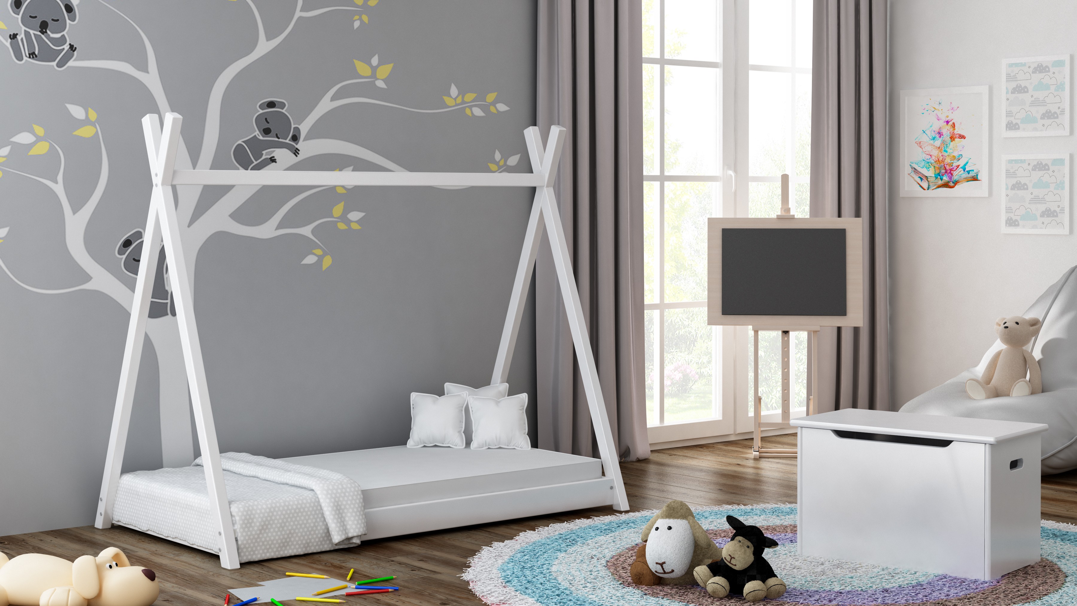 Vienguļamā gulta ar baldahīnu — Titus Tepee stils bērniem, bērniem, mazuļiem, junioriem, balts