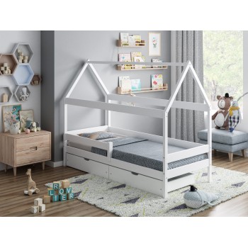 Canopy House Shaped Single Bed Teddy - White Two Small Drawers