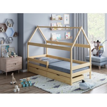 Canopy House Shaped Single Bed Teddy - Naturel Deux Petits Tiroirs