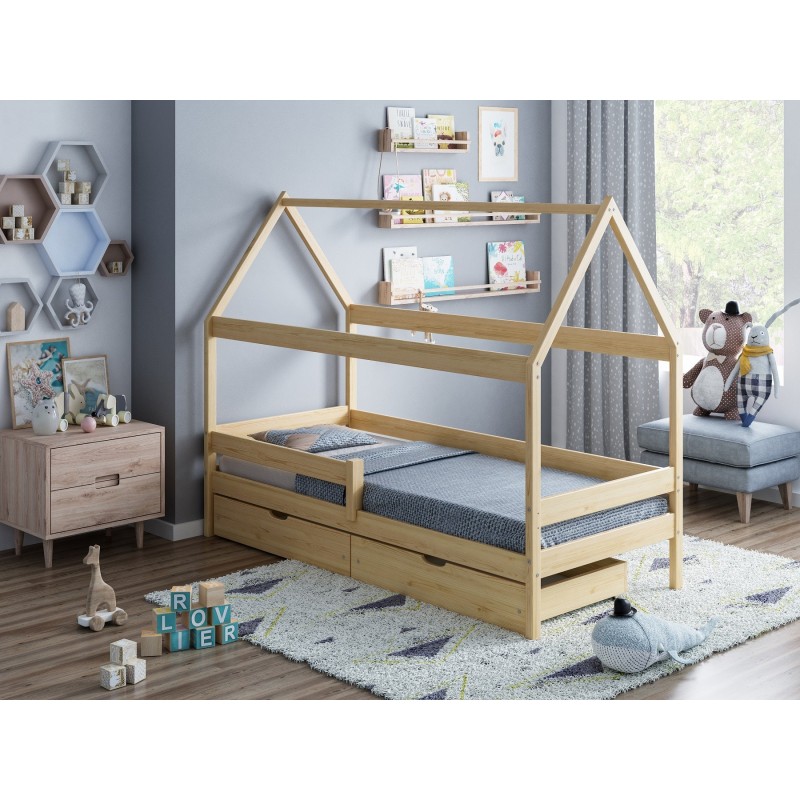 Canopy House Shaped Single Bed Teddy - Naturel Deux Petits Tiroirs