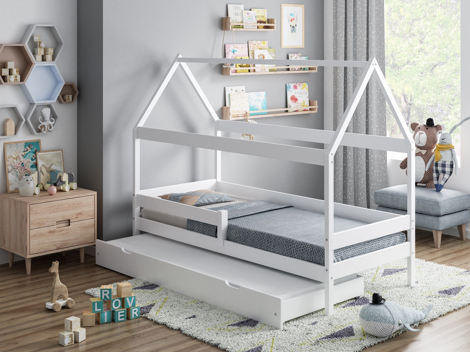Mājas formas vienguļamā gulta ar nojumei izvelkamu gultu – Betija Vaita