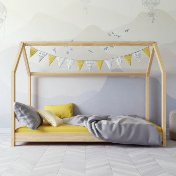 Montessori krevet za jednu osobu u obliku kuće s baldahinom - Kofi Natural