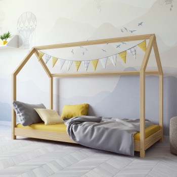 Łóżko pojedyncze w kształcie domku z baldachimem Montessori - Kofi Natural Right