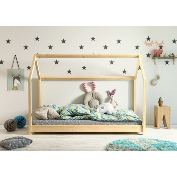 Montessori krevet za jednu osobu u obliku kućice s baldahinom - Kofi prirodno pročelje