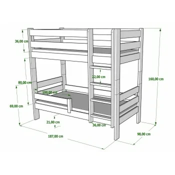 Solid Wood Bunk Bed - Toby For Kids Children Junior Dimensions Diagram 180x90