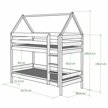 Masīvkoka divstāvu gulta — Barnie bērniem bērniem junioru izmēri, diagramma 160 x 80